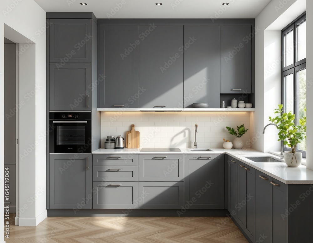 Fototapeta premium minimal kitchen with gray base tones white shelving daylight creating sleek uncluttered neutral foundation in contemporary style