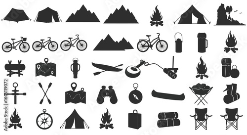 Camping and outdoor adventure icons silhouette isolated on white background