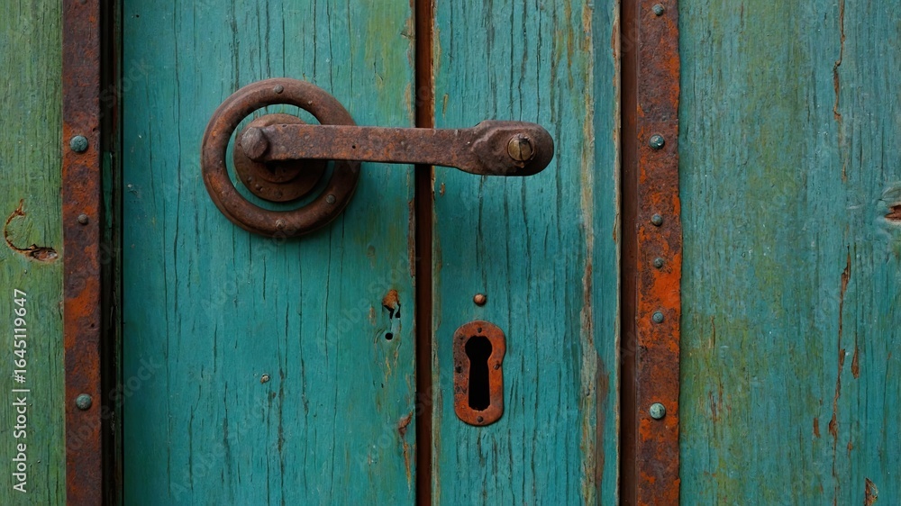 Fototapeta premium Aged teal-colored door with rusty hardware.