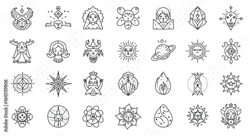 Collection of mystical and celestial line art icons silhouette isolated on white background