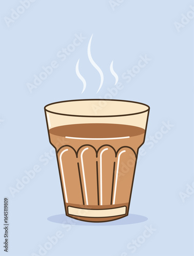 Cutting chai in traditional Indian roadside glass, hot steaming tea illustration, flat vector art for beverage, cafe, restaurant and street food design