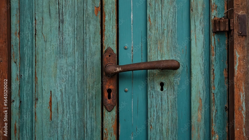 Aged teal wooden door with rusty metal hardware. Aged teal wooden door with rusty metal hardware.