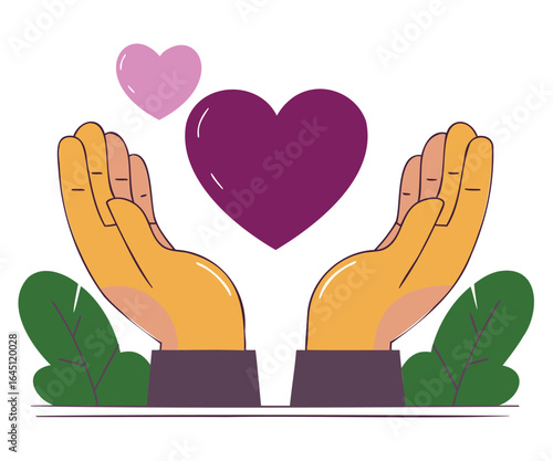 Illustration of caring hands holding purple heart symbol representing love, compassion and kindness