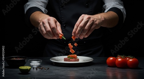 Chef Preparing Food with Salmon and Tomatoes on a Dark Countertop