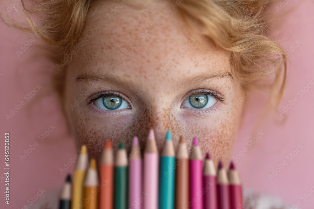 young girl gathers ultrabright colored pencils against soft pastel pink background young girl gathers ultrabright colored pencils against soft pastel pink background