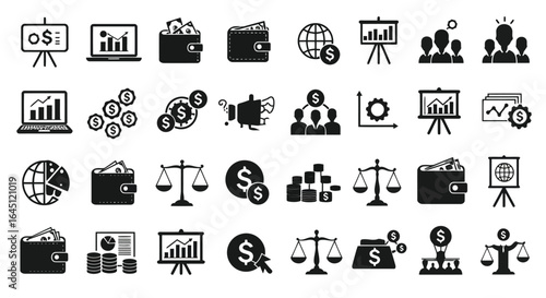 Collection of business and finance icons silhouette isolated on white background