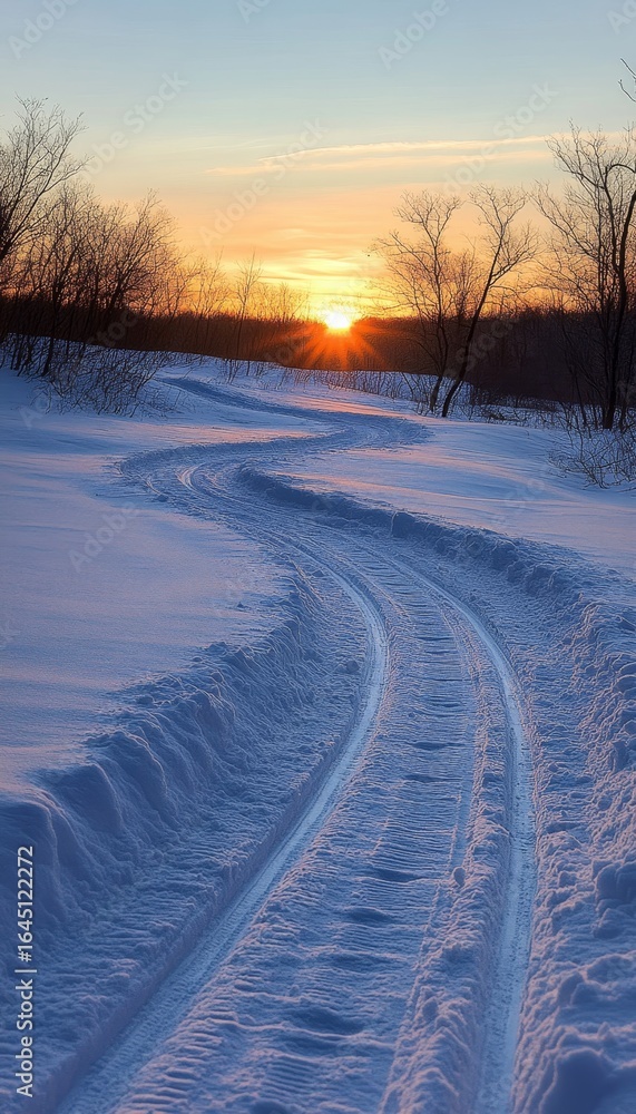 Obraz premium Serene Winter Sunset Over Snowy Fields Tranquil Landscape with Tire Tracks Leading to Horizon