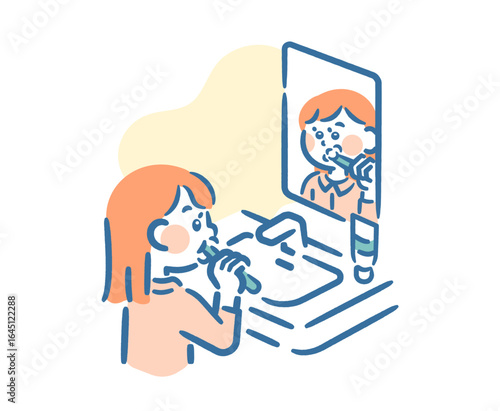 A girl brushing her teeth in the bathroom before going to bed