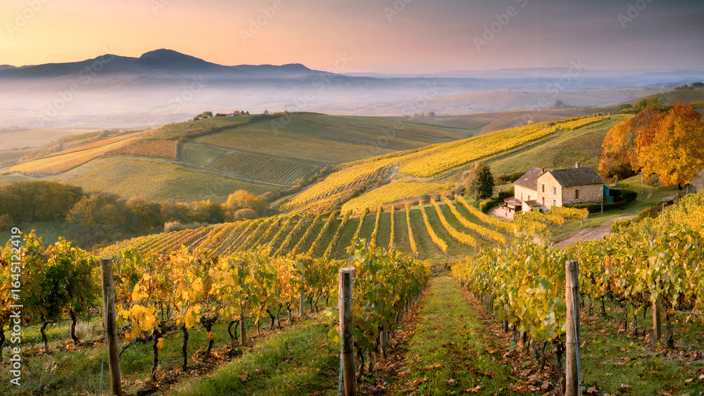 Obraz premium Scenic Vineyard Landscape at Sunset with Rolling Hills and Warm Colors