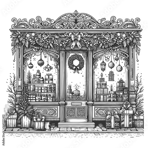 shop decorated for Christmas, featuring wreaths, reindeer figures, garlands, and wrapped gifts outside sketch engraving generative ai vector illustration. Scratch board. Black and white image.