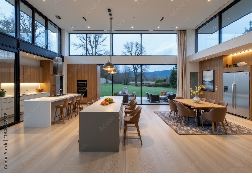 Fototapeta premium open plan layouts in modern homes encourage social gatherings by combining kitchen living and dining areas into one open space that promotes interaction while maintaining sleek minimalist aesthetics.