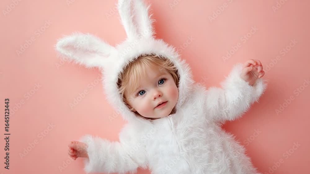Adorable baby in fluffy bunny costume on soft pink background Adorable baby in fluffy bunny costume on soft pink background