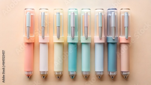 Collection of colorful gel pens arranged neatly in a row