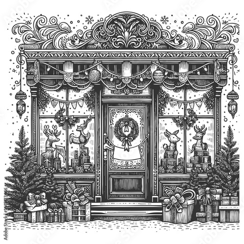 shop decorated for Christmas, featuring wreaths, reindeer figures, garlands, and wrapped gifts outside sketch engraving generative ai vector illustration. Scratch board. Black and white image.