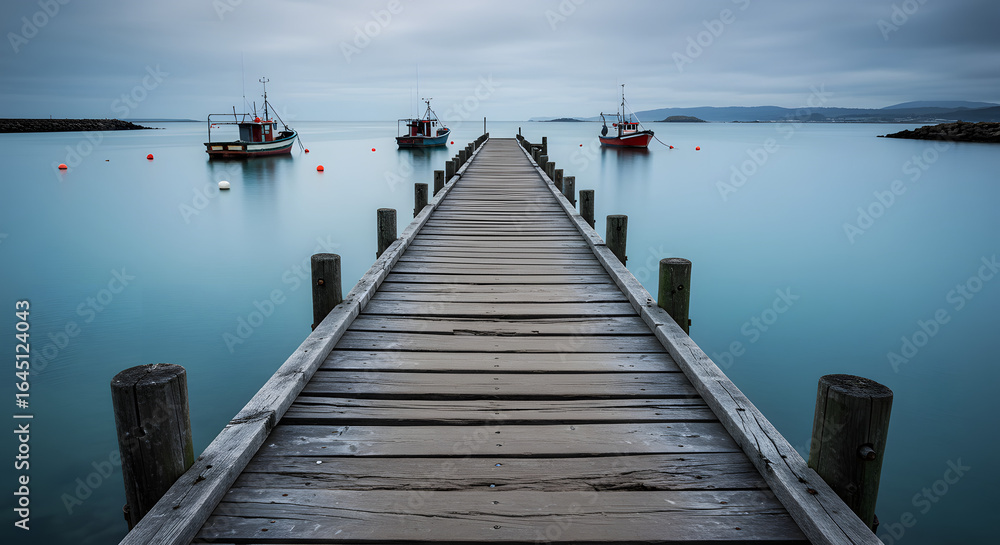 Obraz premium Pier and Boats in Calm Waters: A long, weathered pier stretches into a tranquil, misty bay, where three fishing boats float serenely under a cloudy sky. A symphony of serenity.