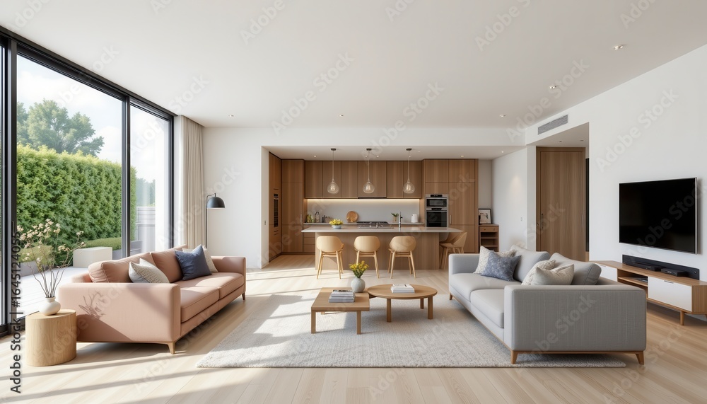 Fototapeta premium the open plan concept allows modern interiors to achieve spaciousness and flexibility by combining functional areas into one fluid space with natural light highlighting simple clean furniture.