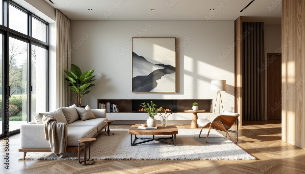 Fototapeta premium appropriate modern decor choices favor clean lines simple silhouettes neutral colors and natural materials that enhance spaciousness and light while maintaining a sleek minimalist aesthetic throughout