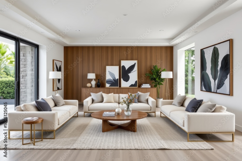 Fototapeta premium appropriate modern decor selection involves choosing understated furniture and accessories with clean lines neutral colors and natural textures that blend well into spacious open plan interiors.