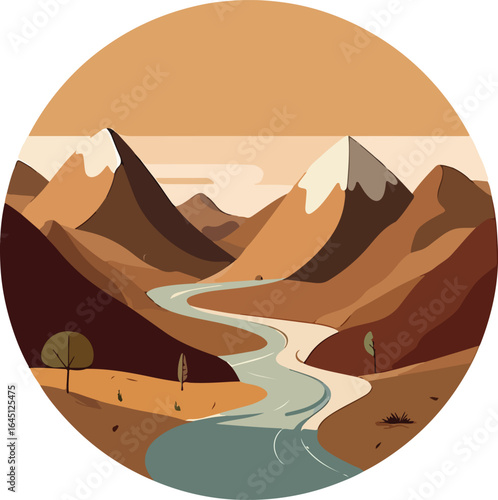 Stylized circular landscape with winding river and snow capped mountains in warm earthy tones nature  style vector illustration EPS file download