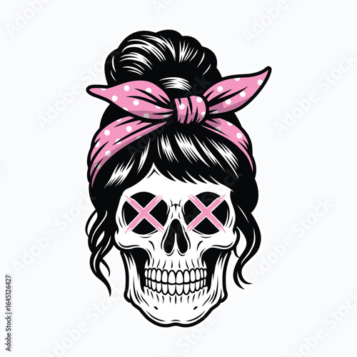 A striking illustration of a skull with a pink polka-dotted bandana and crossed eyes, blending vintage rockabilly style with edgy skull aesthetics, perfect for bold graphic design