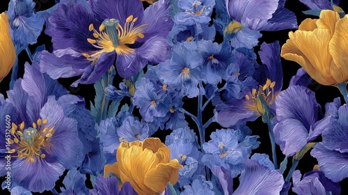 An array of intricately detailed blue and yellow flowers against a black background,