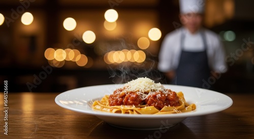 Serving Hot Pasta Dish with Sauce and Cheese in Restaurant Setting
