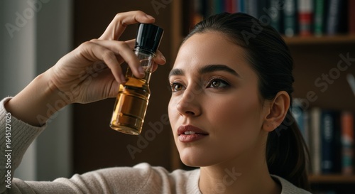 Woman Inspecting Small Bottle of Liquid in Hand Indoors