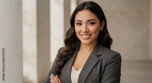 Smiling Young Professional Woman with Arms Crossed in Gray Suit