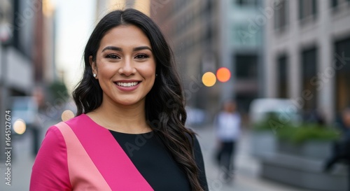 Smiling Woman Portrait in City Street with Pink and Black Dress