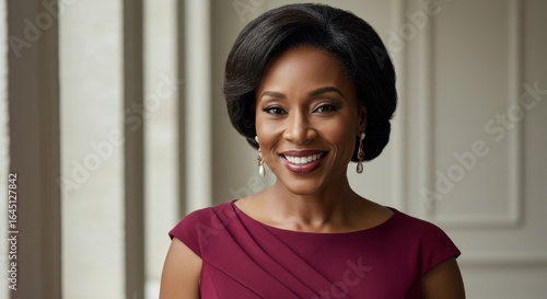 Woman Smiling Portrait in Maroon Dress with Classic Earrings