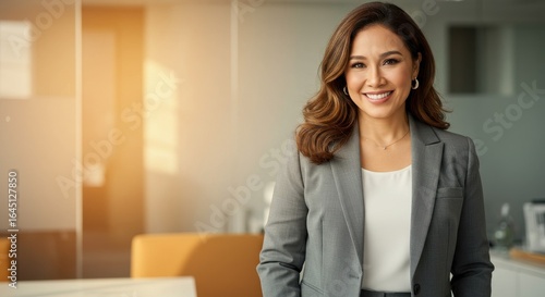 Smiling Woman Wearing Business Suit in Modern Office