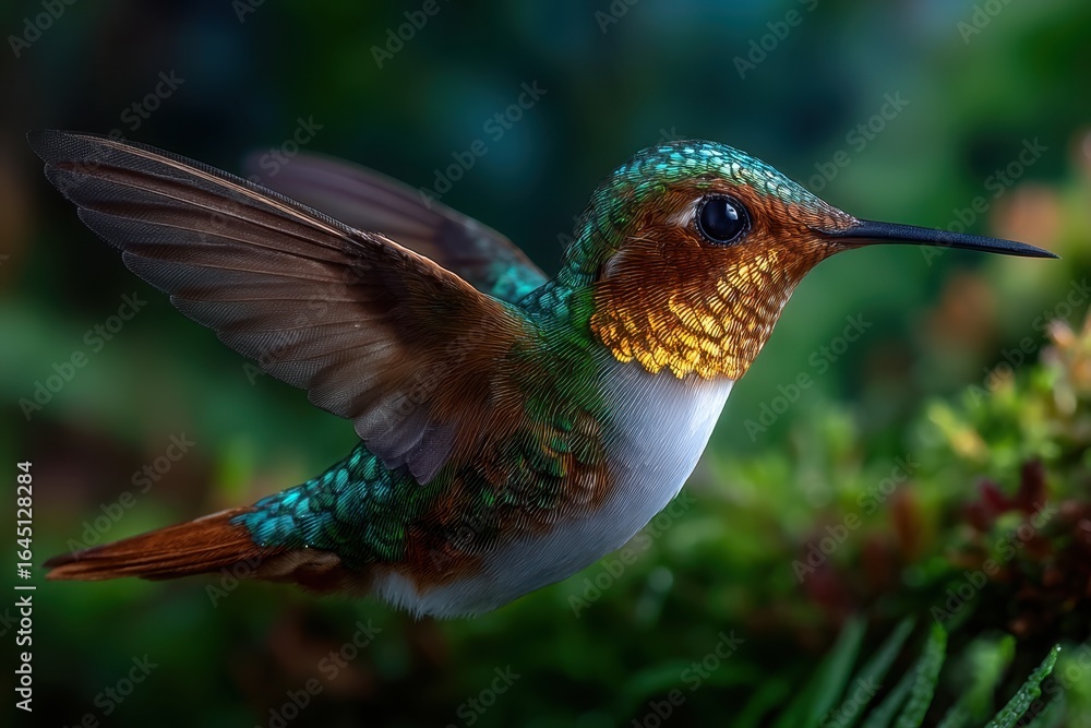 Fototapeta premium Detailed closeup of a Rufous hummingbird midflight showcasing its vibrant colors and delicate feathers, in PNG set with transparent background