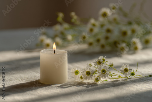 slender candle stands gracefully on linen tablecloth casting warm glow