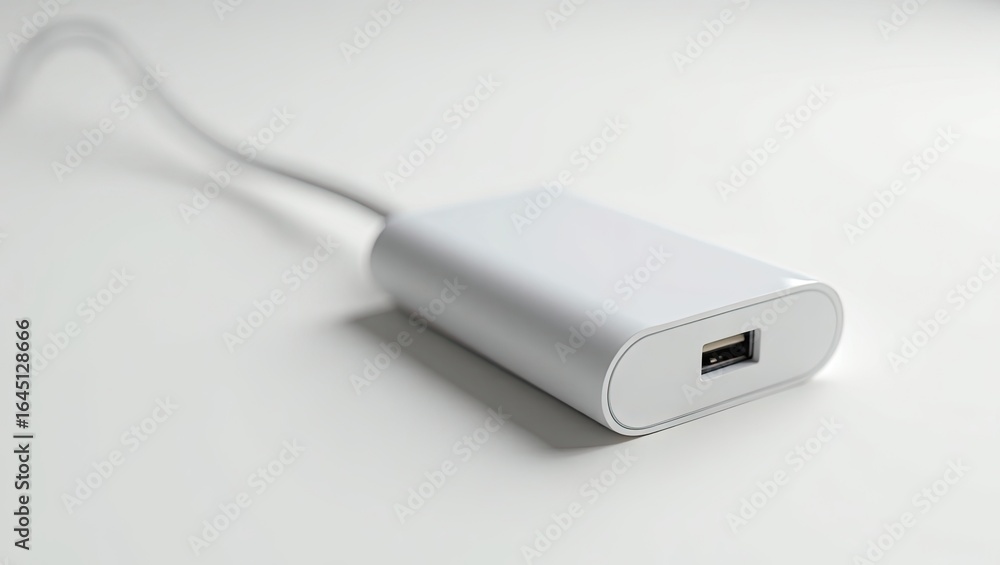 Fototapeta premium White rectangular power adapter on a white surface.