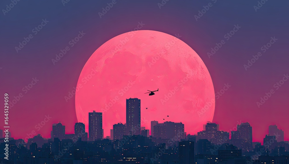 Fototapeta premium Pink moon dominates a city skyline at dusk, a helicopter and falling objects visible against it