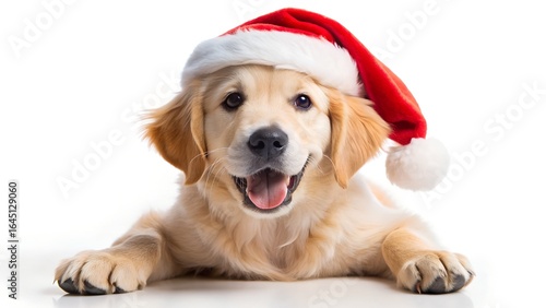 A happy golden retriever puppy wearing a santa hat, lying down and looking at the camera with its mouth open, isolated on white background