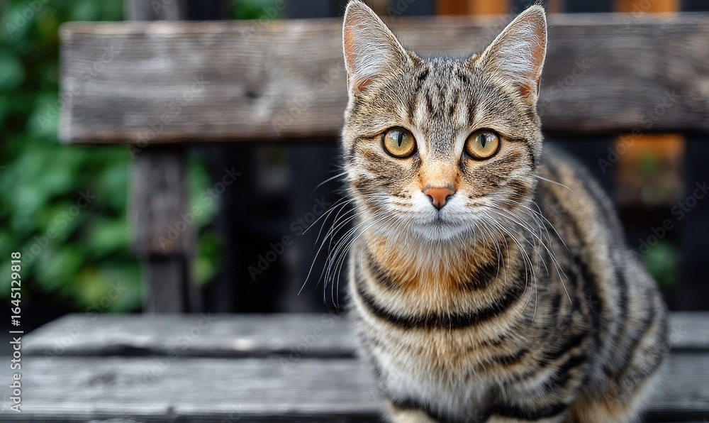 Fototapeta premium Close-up of a tabby cat sitting on a rustic wooden bench