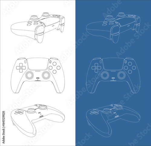 Vector game controller front and angled views outline