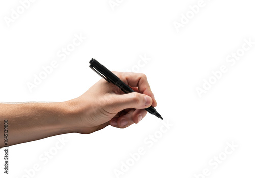 Male hand with fair skin, light arm hair, holding black marker pen poised above unseen surface on pristine transparent background with subtle shadow & copy space, precision & creation concept