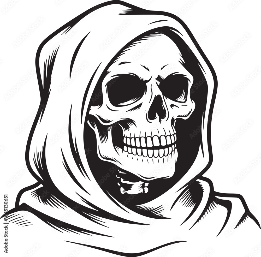 Fototapeta premium Grim Reaper Skull in Hooded Robe Detailed Black and White Vector Illustration Depicting Death's Macabre Visage