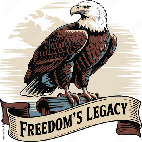 Majestic Bald Eagle Perched with "Freedom's Legacy" Banner a Symbol of American Heritage and Patriotism
