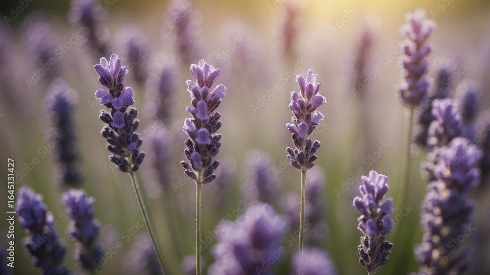 Naklejka premium Lavender field in bloom: A serene close-up captures the beauty of a blooming lavender field. The image showcases the soft hues and textures of the lavender flowers bathed in natural sunlight.
