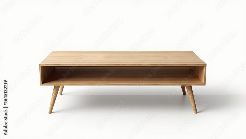 Light beige wooden coffee table with open storage compartment. Light beige wooden coffee table with open storage compartment.