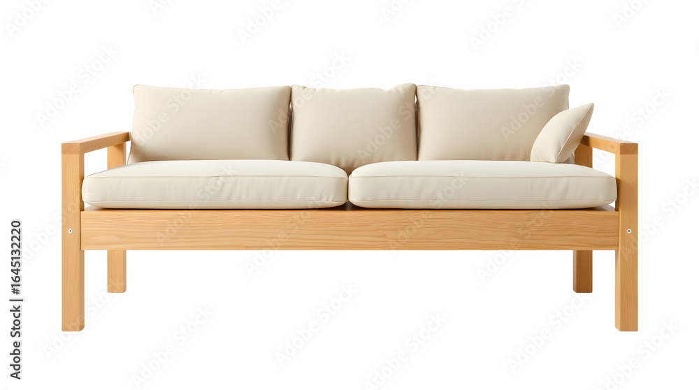 Modern beige sofa with wooden frame on transparent background Modern beige sofa with wooden frame on transparent background
