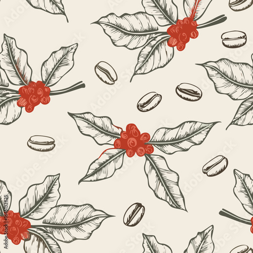 Vintage coffee plant pattern with leaves, flowers, and coffee cherries in two-color hand-drawn style