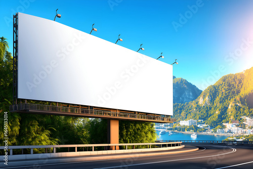 Blank White Billboard Ad Structure along Curved Road against a Coastal Mountain View. Mock up promotion information for marketing announcements and details, blank white space.