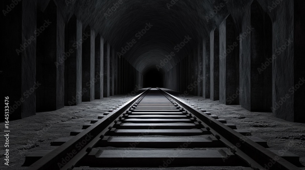 Fototapeta premium Abandoned railway tunnel with rusty tracks fading into the darkness, linear symmetry drawing the eye inward