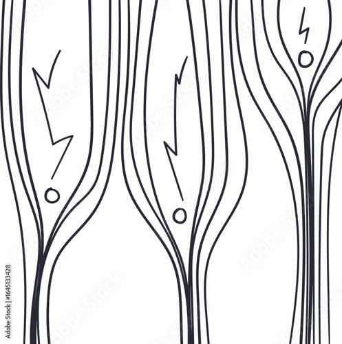 The art simulates nerve bundles or shapes with nuclei and electrical impulses.