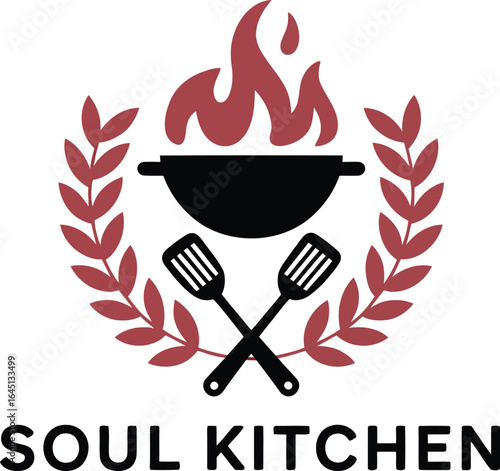 Soul Kitchen Logo with Black Cooking Pot Red Flames Laurel Wreath and Crossed Spatulas – Culinary Branding Vector Design