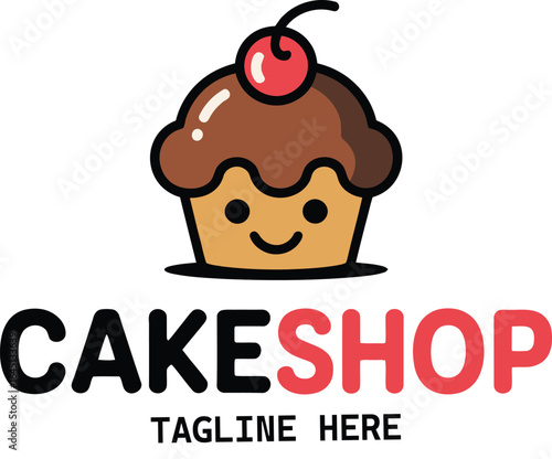 Cake Shop Logo with Smiling Cupcake Chocolate Frosting Cherry and Playful Typography – Bakery Branding Vector Design